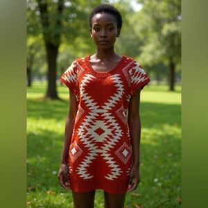 Liv Short Sleeve Sweater Dress keyhole Chevron Pattern Rust cream color Size M